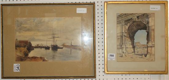 2 watercolours - Arch of Titus and Ship in harbour